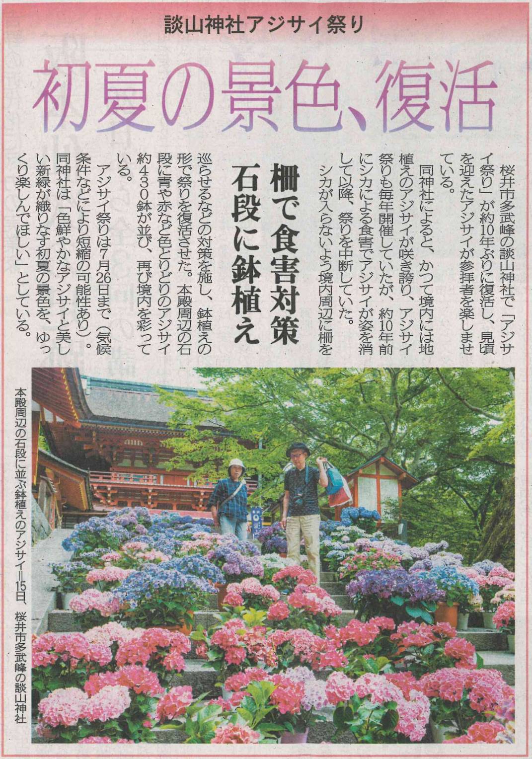 奈良新聞に「アジサイ祭り」の記事が掲載されました